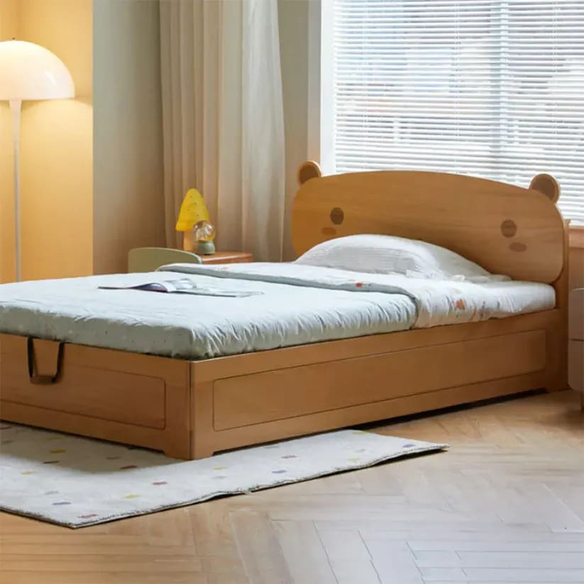 Bear Plush Look Teak Wood with Storage Kids Bed for Girls and Boys