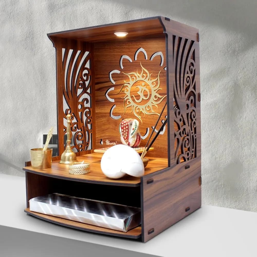 Beautiful Laabh Traditional Handmade Wooden Pooja Temple for Daily Prayers (Brown)