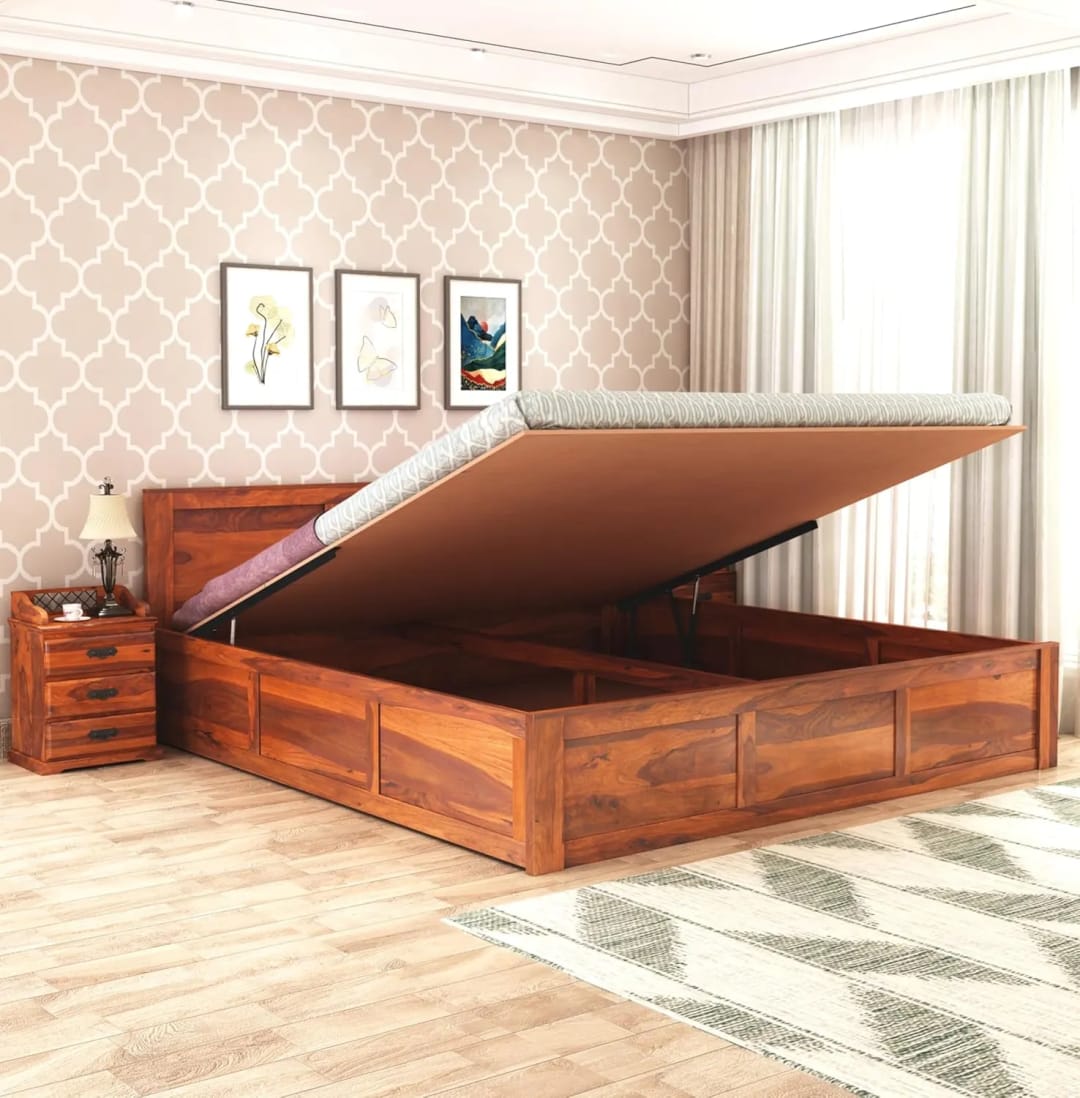 Boscage Handmade Premium Teak Wood Hydraulic Storage King Size Bed Modern Space Saving Design with Elegant Finish with 2 Bedside Table