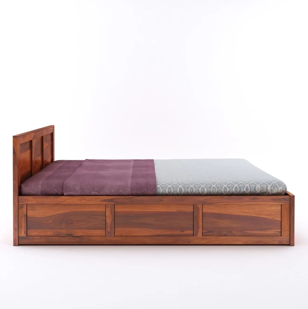 Boscage Handmade Premium Teak Wood Hydraulic Storage King Size Bed Modern Space Saving Design with Elegant Finish with 2 Bedside Table, view 2