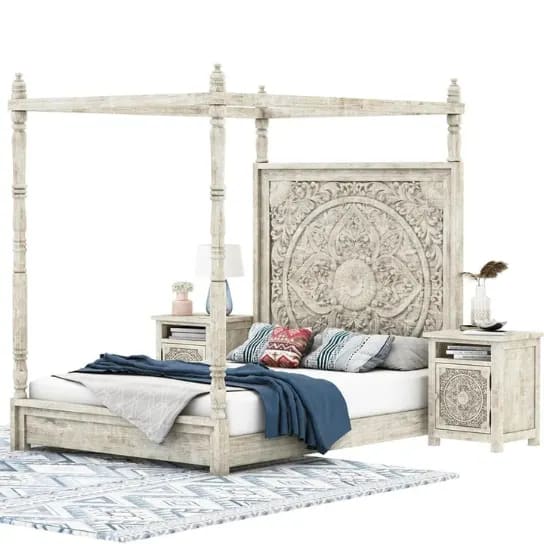 Canopy Royal Hand Carved Teak Wood Poster Bed with 2 Elegant Bedside Tables ( Antique White Finish ), view 2