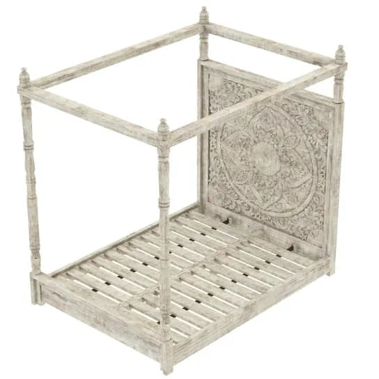 Canopy Royal Hand Carved Teak Wood Poster Bed with 2 Elegant Bedside Tables ( Antique White Finish ), view 5