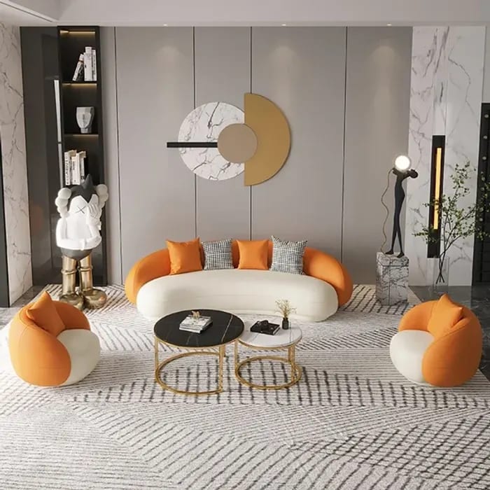 Cara Modern Designer Twin Colour Handmade Upholstery Teak Wood 4+1+1 with 2 Round Coffee Table