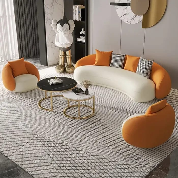 Cara Modern Designer Twin Colour Handmade Upholstery Teak Wood 4+1+1 with 2 Round Coffee Table, view 2