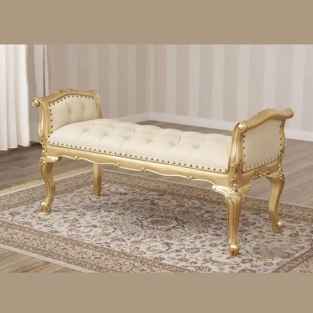 Carissa French Baroque Style Crystal Button Teak Wood Bench Hand Carved Antique-Inspired Seating for Elegant Living Room