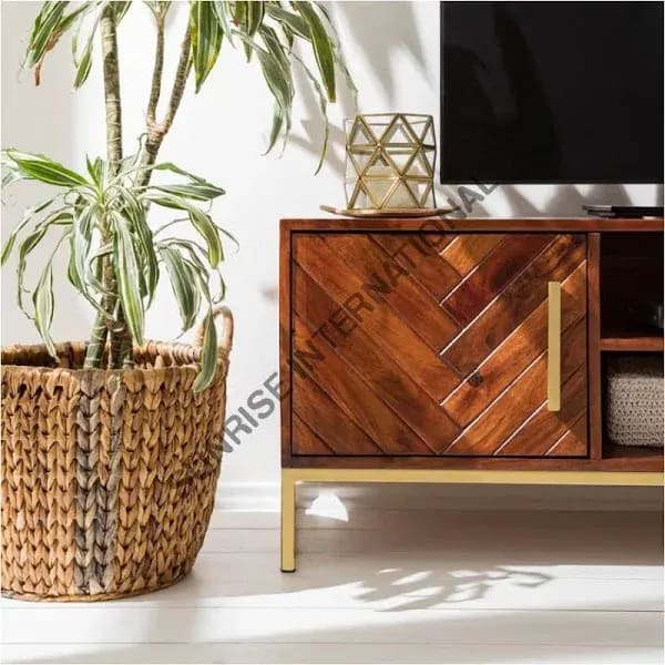 Carved Line Acacia Wood Rectangular TV Unit, view 2