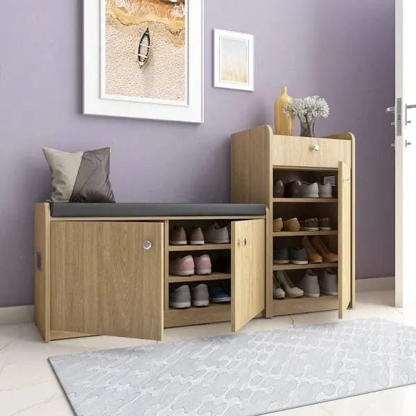 Chelsea PVC Shoe Cabinet with Cushion Seating and 20 Pairs Capacity (Light Teak Finish)
