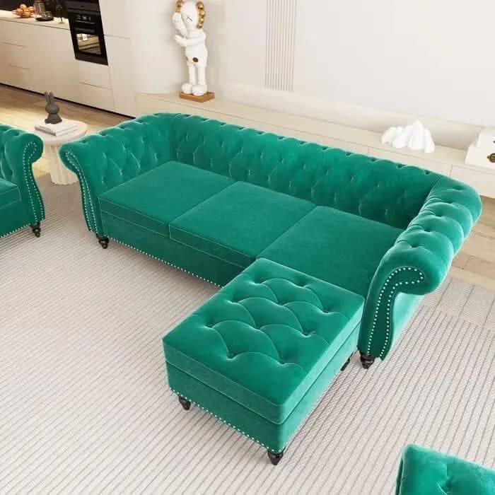 Chesterfield Handmade Teak Wood 3-Seater Sectional Sofa Set with Ottoman, Button Tufted Upholstery, Luxury Living Room