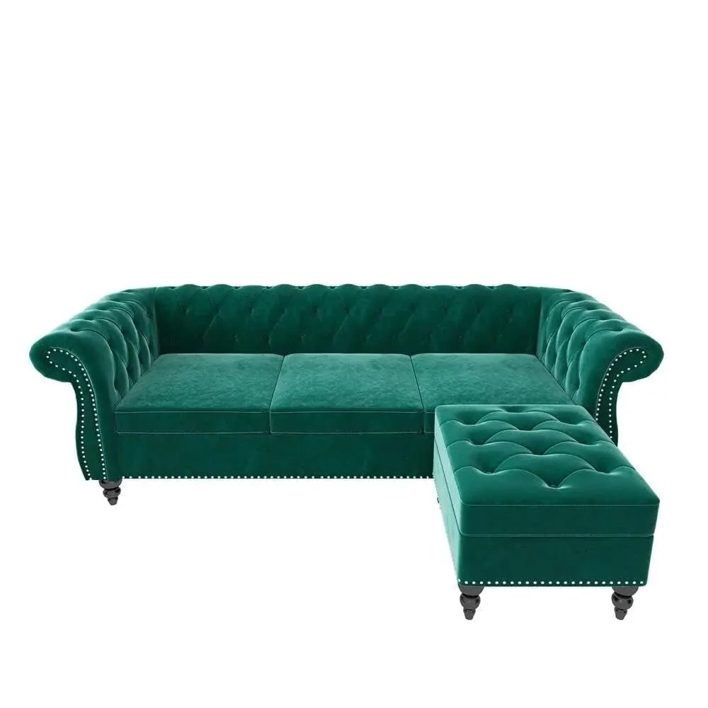 Chesterfield Handmade Teak Wood 3-Seater Sectional Sofa Set with Ottoman, Button Tufted Upholstery, Luxury Living Room, view 3