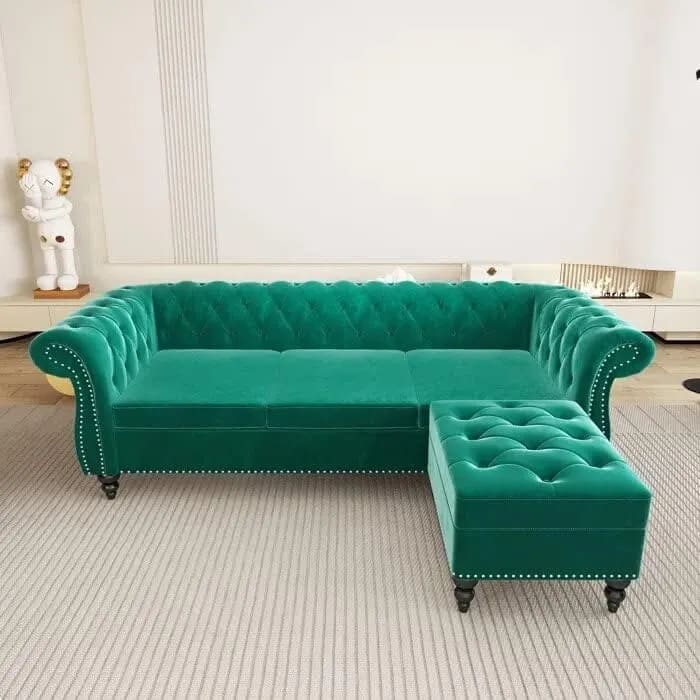 Chesterfield Handmade Teak Wood 3-Seater Sectional Sofa Set with Ottoman, Button Tufted Upholstery, Luxury Living Room, view 4