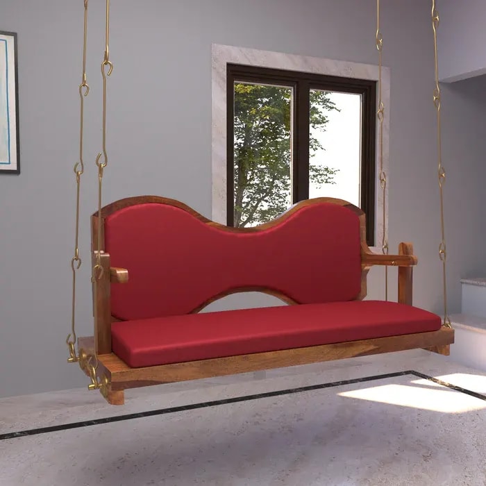 Classic Cherry Reddish Boomerang Handmade Teak Wood Swing Patio Hammock Jhula Traditional Indian Style