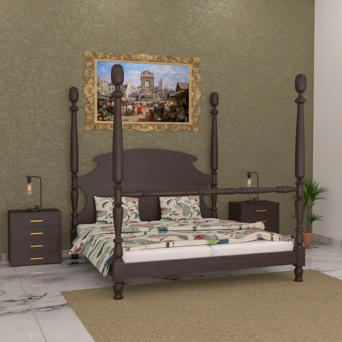 Classic French Royal Hand Carved Teak Wood Poster Bed with 2 Bedside Tables Elegant Vintage Style Bedroom Set