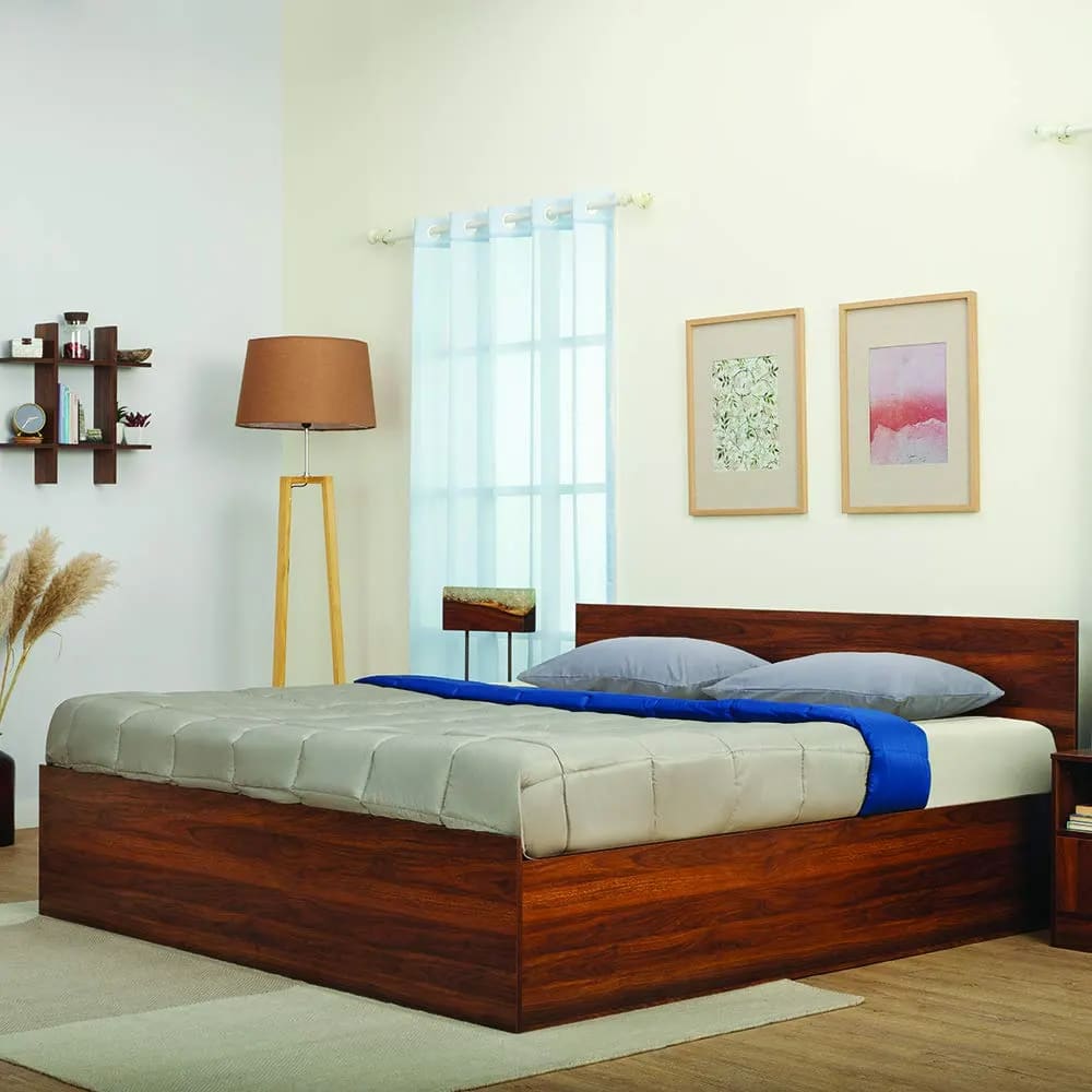 Columbian Handmade Teak Wood King Size Plain Bed Walnut Finish for Bedroom, Hotel