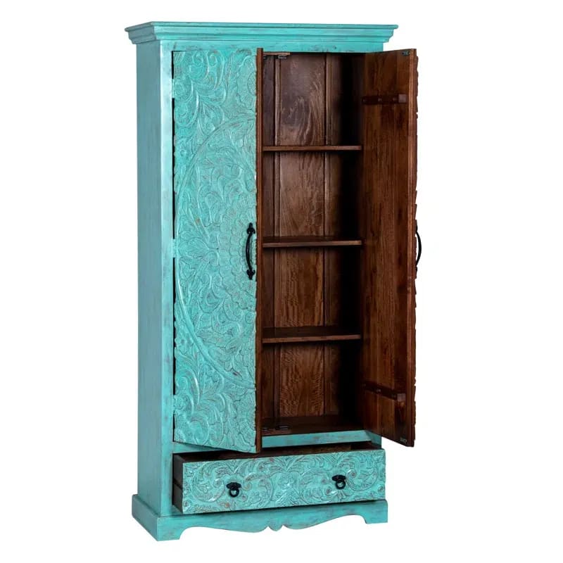 Concerto Teak Wood Multipurpose Storage Wardrobes & Dressers for Elegant Bedroom Storage Solution with 4 Doors and 1 Drawer (Green Washed), view 4