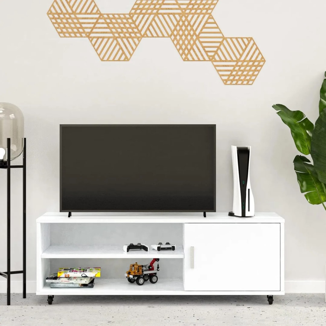Cora Engineered Wood TV Entertainment Unit with 2 Shelves (Oak White)
