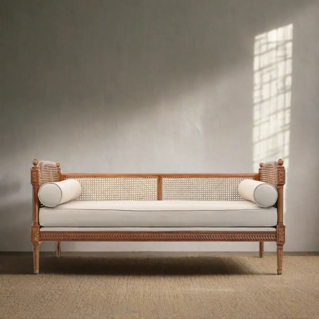 Crawfish Handmade Rectangular Rattan Cane Teak Wood Diwan Bed for Living Room Bedroom