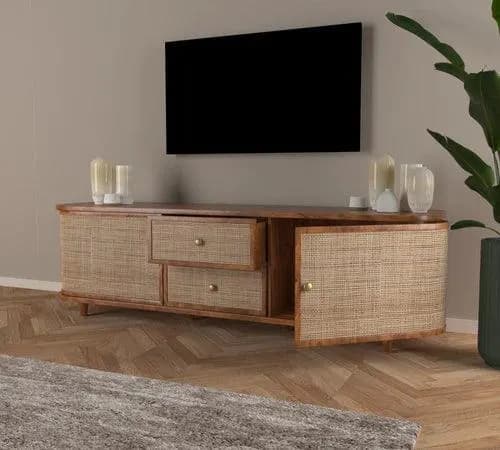 Curve Rattan Cane Rosewood TV Unit Cabinet with 2 Drawers & 2 Doors Elegant Storage and Style for Your Living Space