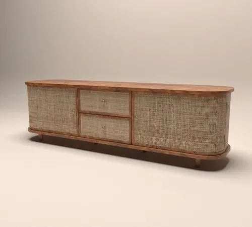 Curve Rattan Cane Rosewood TV Unit Cabinet with 2 Drawers & 2 Doors Elegant Storage and Style for Your Living Space, view 2