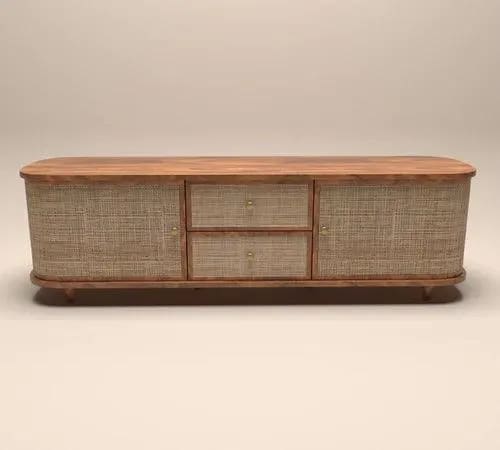 Curve Rattan Cane Rosewood TV Unit Cabinet with 2 Drawers & 2 Doors Elegant Storage and Style for Your Living Space, view 3