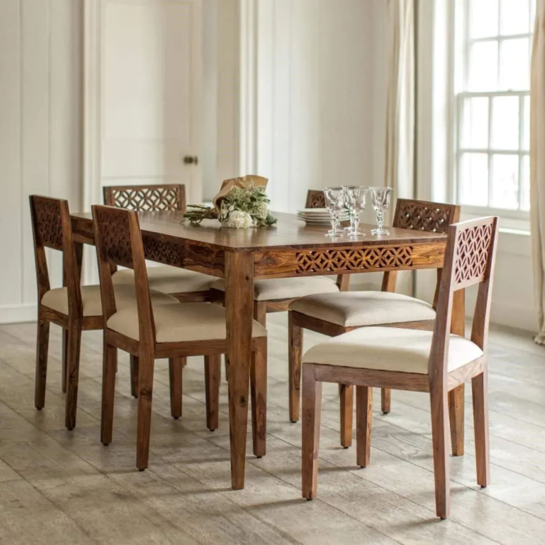 Designer Handmade Teak Wood 6 Seater Rectangular Dining Table Set Elegant Solid Wood Dining for Kitchen and Dining Room