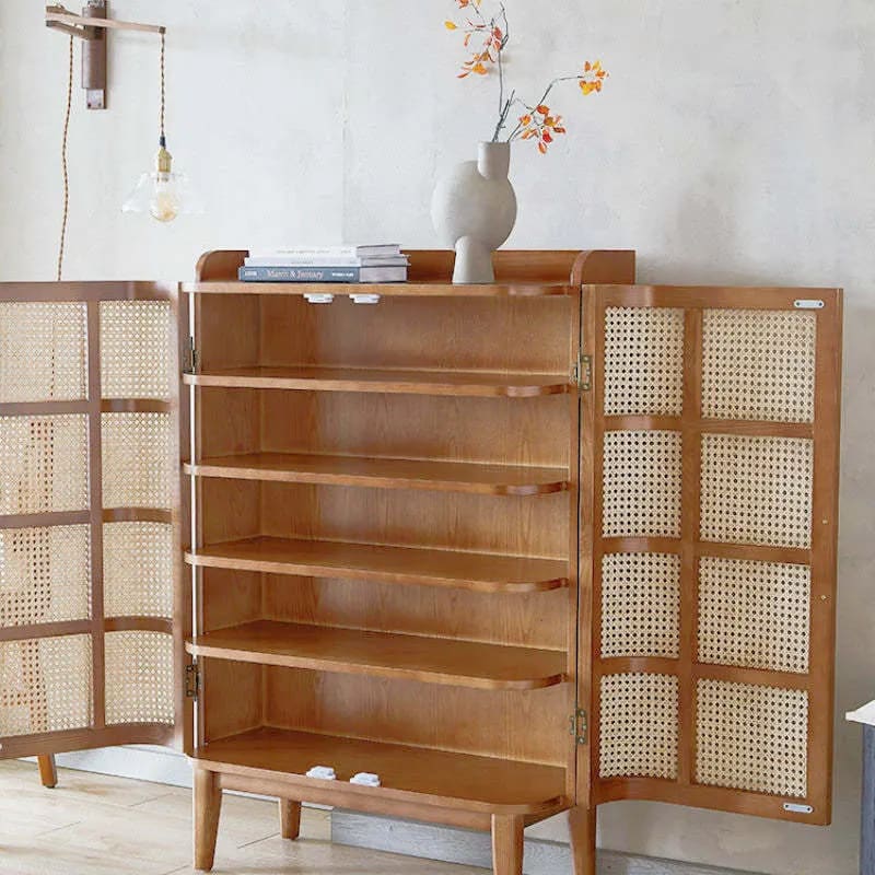 Eddy Teak Wood Rattan Shoe Rack Space-Saving Storage Organizer for Entryway & Hallway, view 3