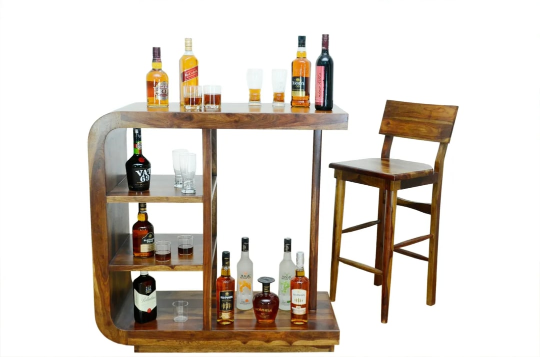 Curve Edge Handmade Teak Wood Bar Cabinet Stylish Liquor and Wine Storage Cabinet for Glasses and Bottles Modern (Walnut Oak Finish)