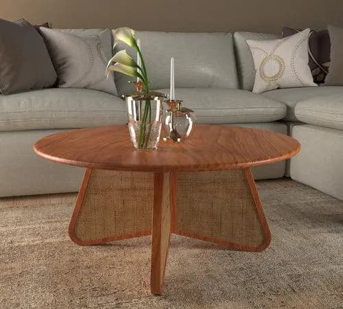Eensy Rattan Round Coffee Table in Teak Wood Stylish Centerpiece for Modern Living Room
