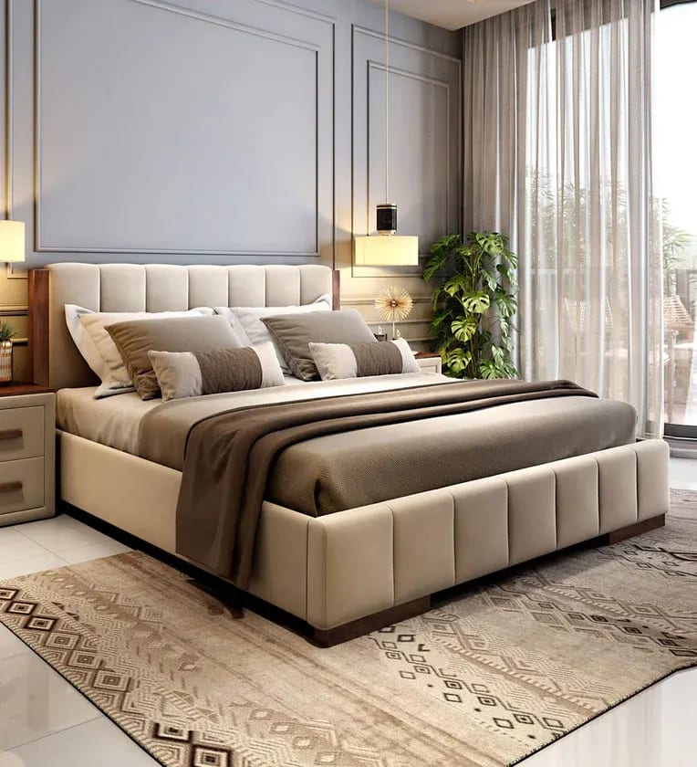 Elegant Luxury Teak Wood Upholstery King Size Bed for Modern Bedroom