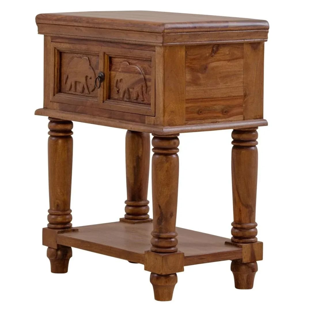 Elephant Design Handmade Teak Wood Bedside Table Rustic Nightstand, Small Wooden Accent Table for Bedroom, Living Room, view 3