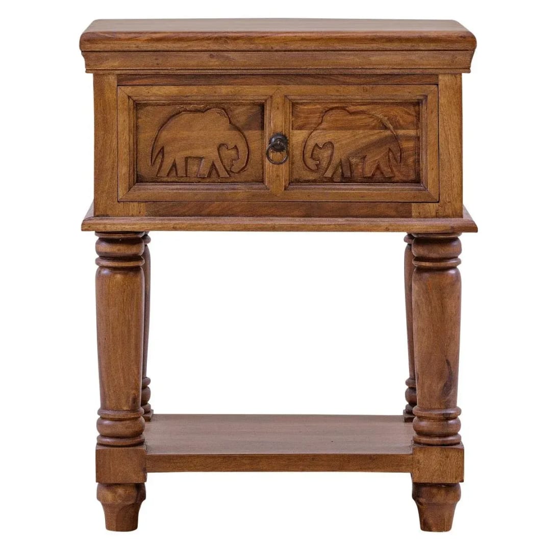 Elephant Design Handmade Teak Wood Bedside Table Rustic Nightstand, Small Wooden Accent Table for Bedroom, Living Room, view 4