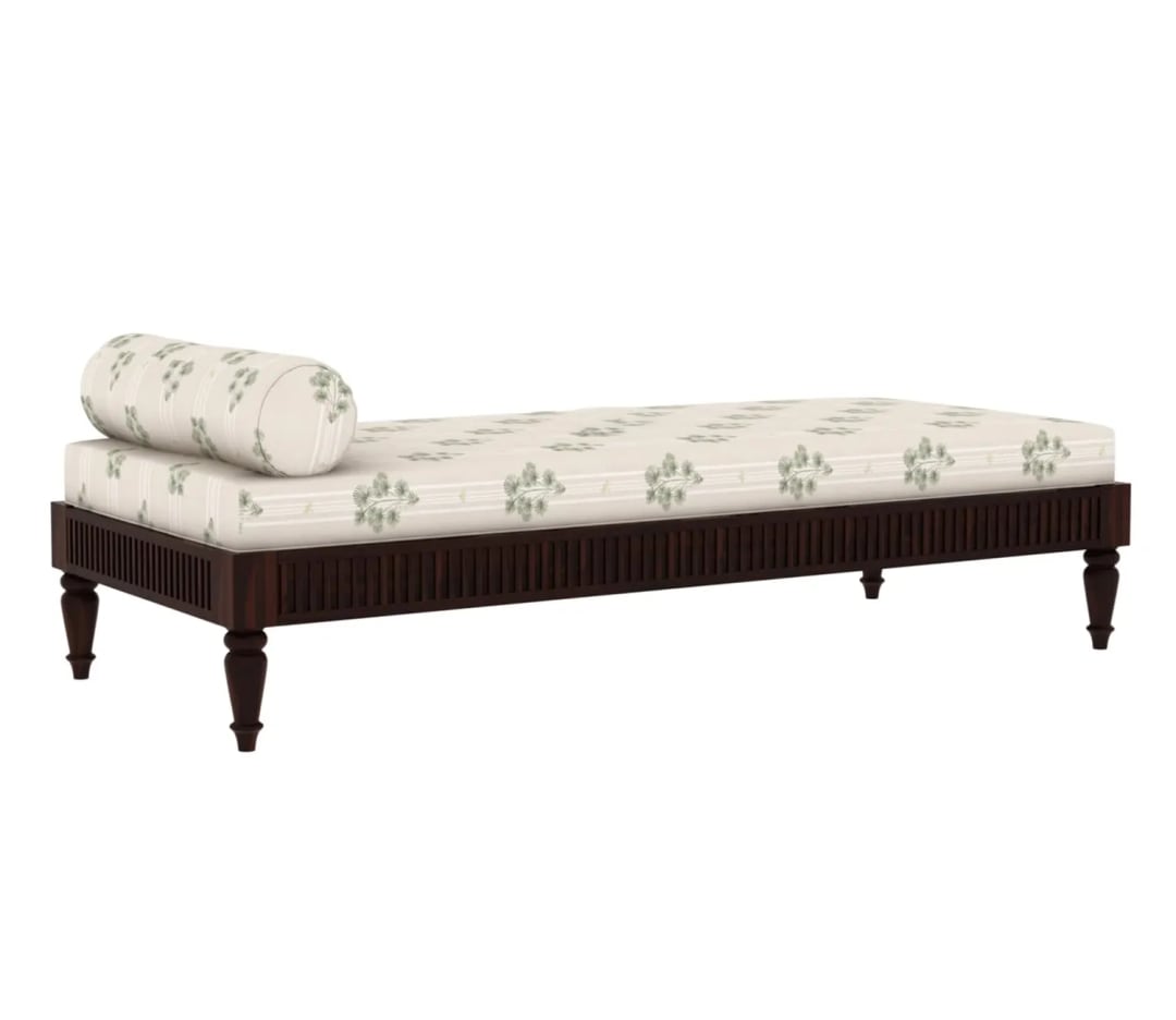 Emphasis Designer Handmade Rectangular Teak Wood Diwan Bed for Living Room Bedroom Walnut Finish, view 3