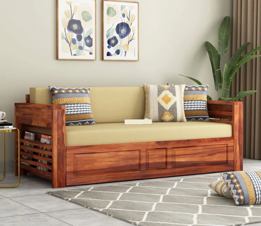 Expandable Flap Magazine Rack Handmade Teak Wood 3-Seater Sofa Cum Bed Comfortable Convertible Seating for Living Room, view 2