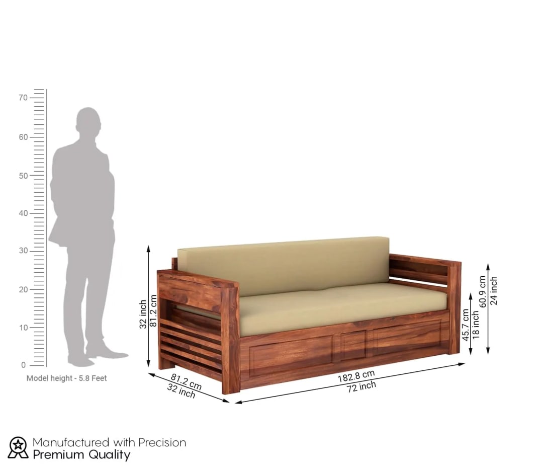 Expandable Flap Magazine Rack Handmade Teak Wood 3-Seater Sofa Cum Bed Comfortable Convertible Seating for Living Room, view 7