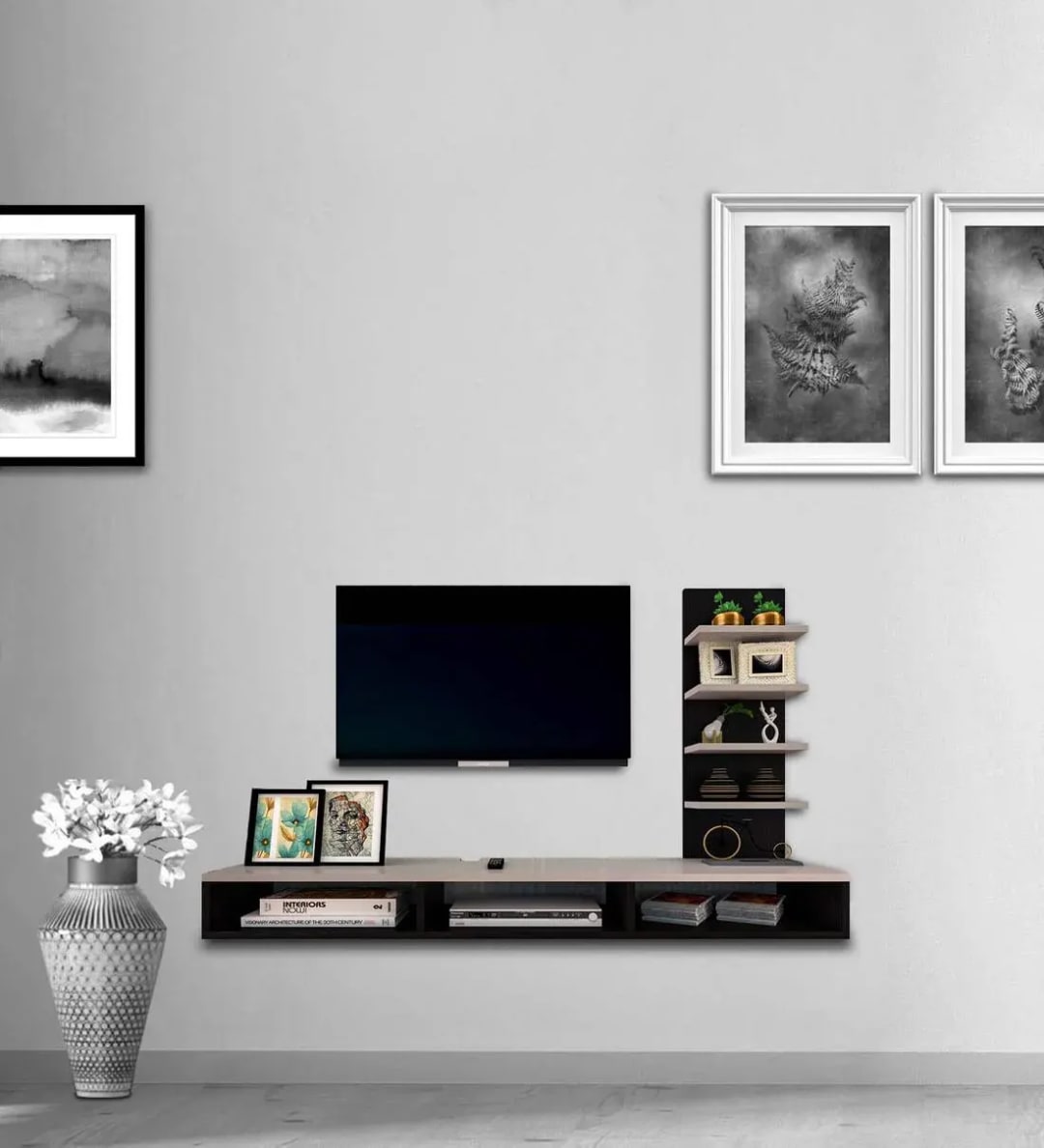 Fidora TV Unit in Walnut Finish for Modern Media Console with Versatile Storage Stylish Entertainment Center for Living Room (White & Wenge Finish)
