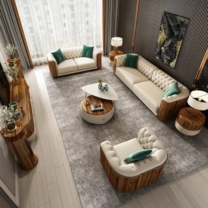 Fila Modern Luxury Faux Leather Teak Wood Button Tufted Chesterfield 3+2+1 Sofa Set with 1 Coffee Table and 2 Side Table for Living Room