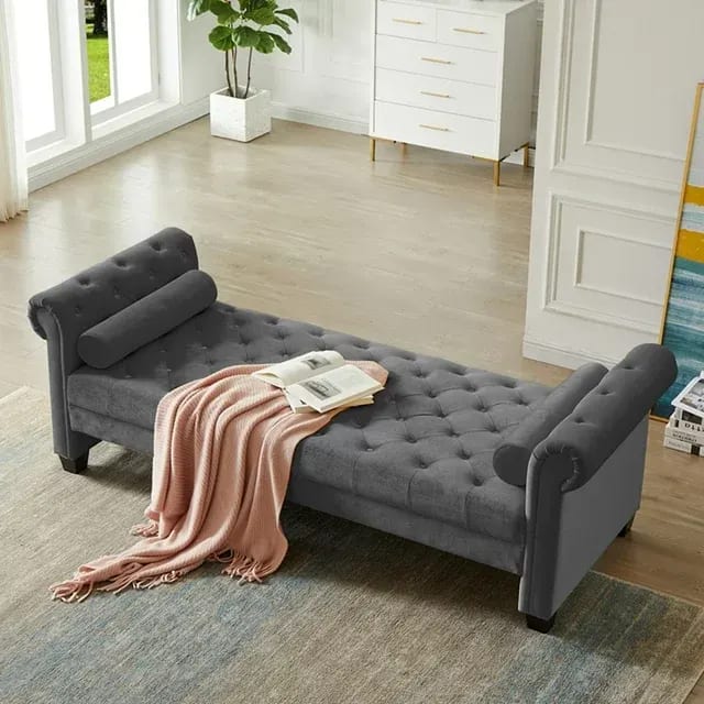 Flannel Entryway Button Tufted Teak Wood 3-Seater Bench with Rolled Arm Velvet Fabric