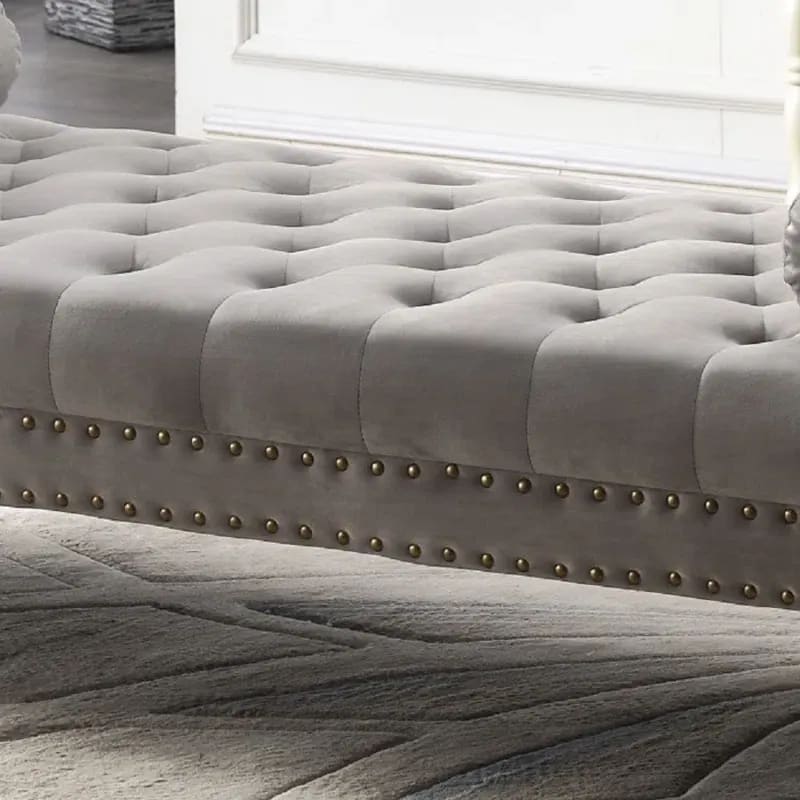 Fleeton Entryway Button Tufted Teak Wood 3-Seater Bench with Rolled Arm Velvet Fabric ( Grey ), view 3