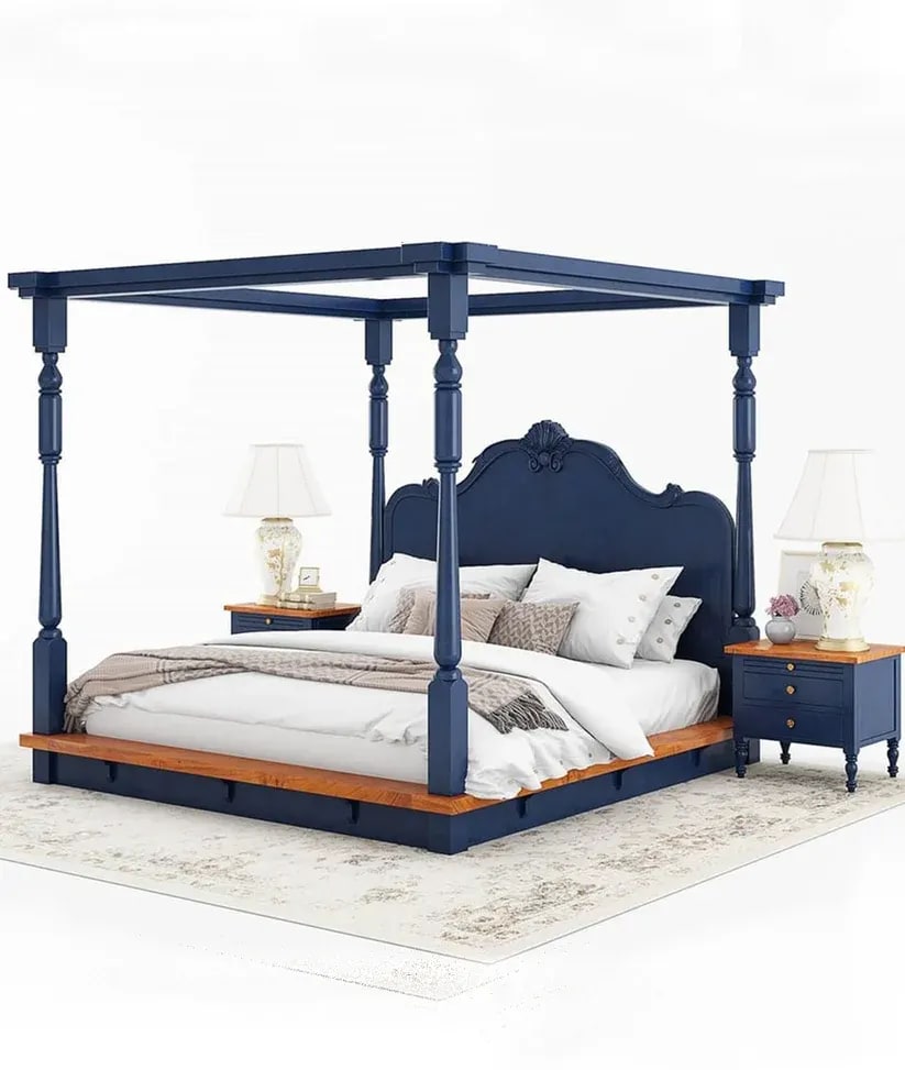 Florentina Royal Handmade Teak Wood Poster Bed Set ( Blue ), view 3