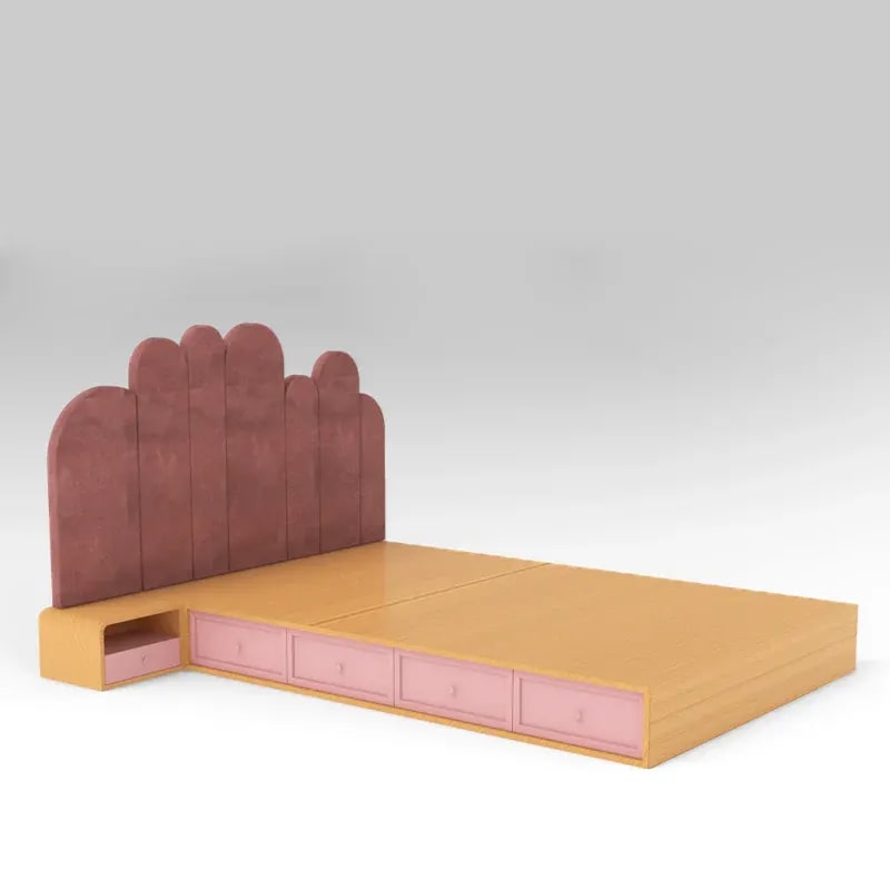 Fluted Bed Plush Look Teak Wood Kids Bed for Girls and Boys with Bedside Table with Attached Drawers, view 2