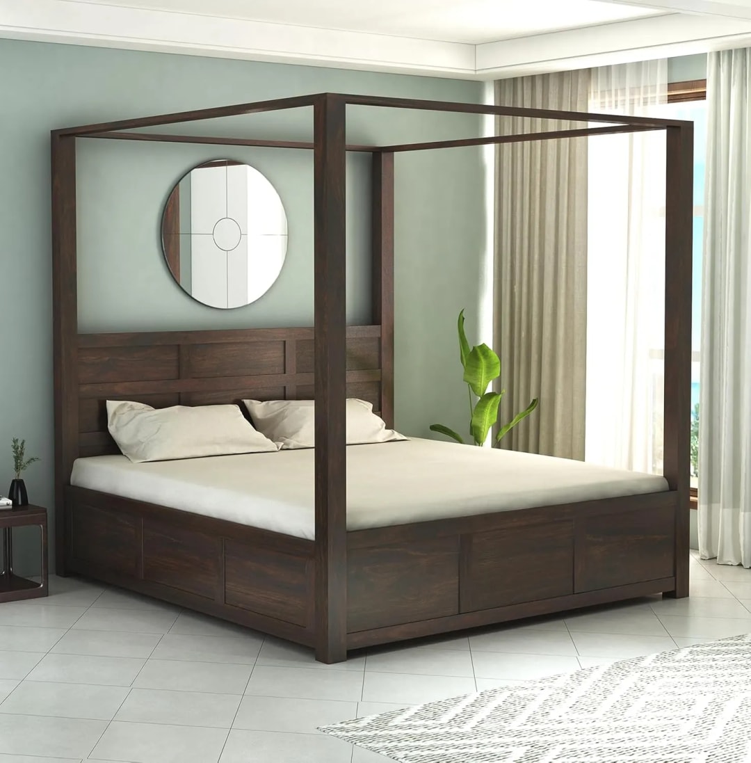 Flyer Royal Handmade Teak Wood Poster Bed with Matching 2 Bedside Table ( Walnut Finish )