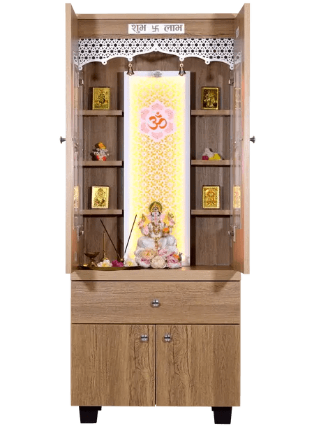 Functionality Traditional Handmade Teak Wood Pooja Temple Attached with Led Light for Daily Prayers (Natural Teak Finish)