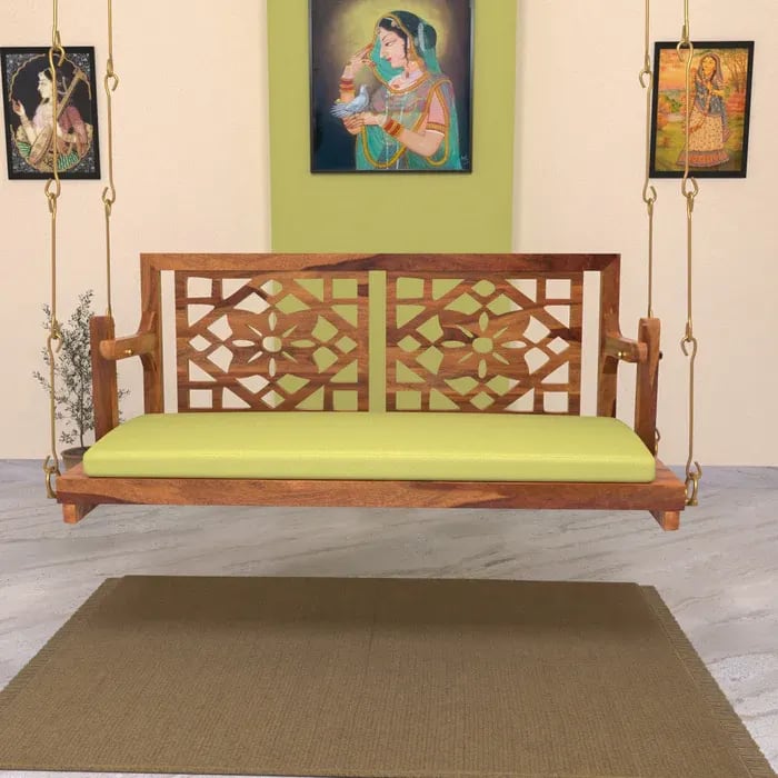 Fusion Flowered Carved Back Handmade Teak Wood Swing Patio Hammock Jhula Traditional Style