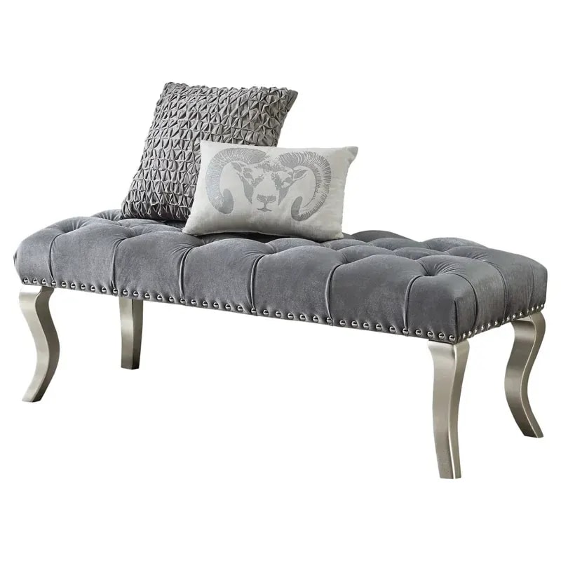 Garza Button Tufted Teak Wood Upholstered Bench Luxury Entryway for Living Room and Bedroom ( Grey ), view 2