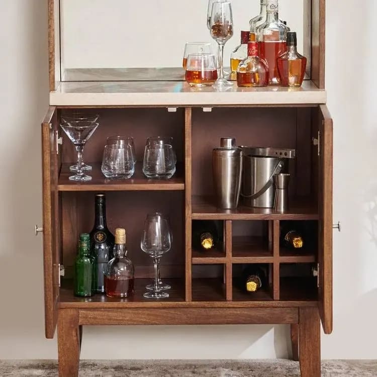 Giza Handmade Teak Wood Faux Marble Top Bar Cabinet with Storage Stylish Bar Cabinet for Wine, Liquor, Glasses ( Brown ), view 2