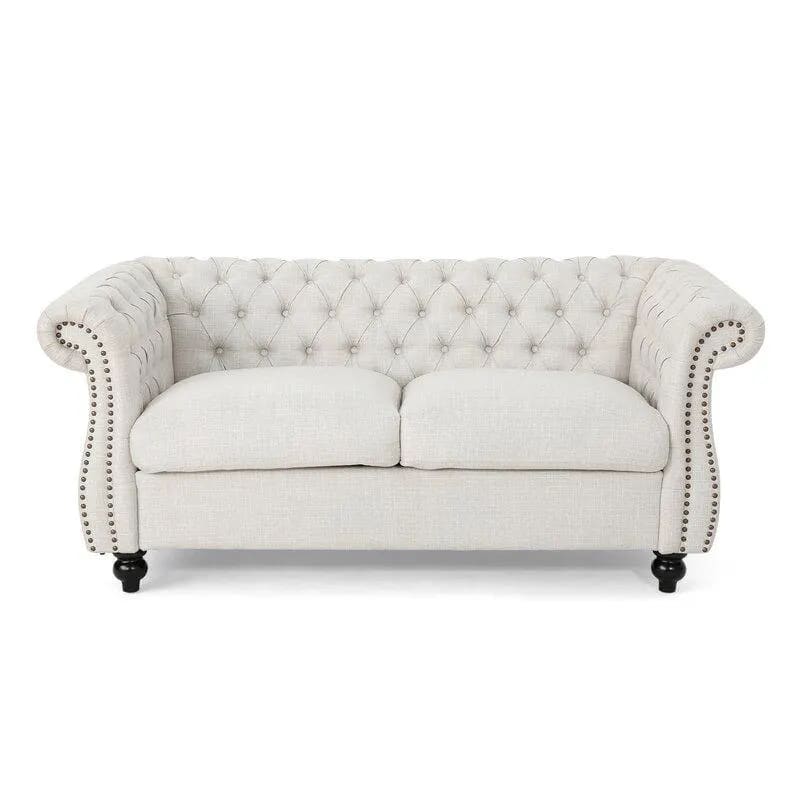 Graceful 2-Seater Velvet Fabric Button Tufted Rolled Arm Chesterfield Sofa ( Beige ), view 3