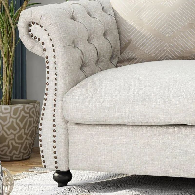 Graceful 2-Seater Velvet Fabric Button Tufted Rolled Arm Chesterfield Sofa ( Beige ), view 5