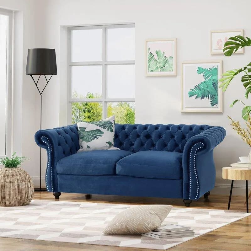 Graceful 2-Seater Velvet Fabric Button Tufted Rolled Arm Chesterfield Sofa ( Blue )