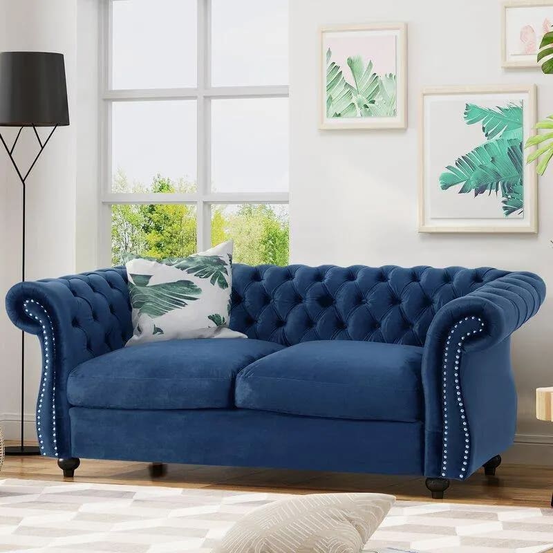 Graceful 2-Seater Velvet Fabric Button Tufted Rolled Arm Chesterfield Sofa ( Blue ), view 2