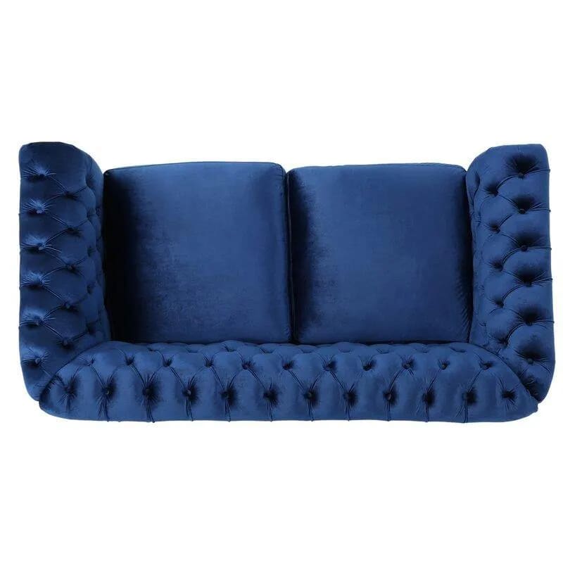 Graceful 2-Seater Velvet Fabric Button Tufted Rolled Arm Chesterfield Sofa ( Blue ), view 6