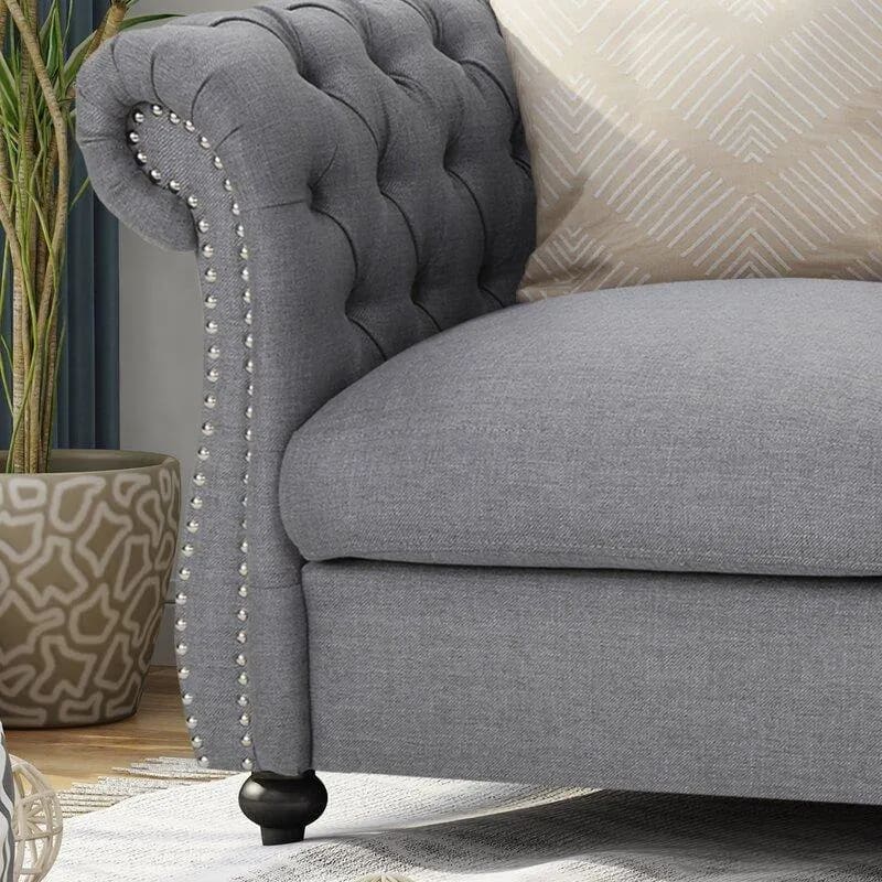 Graceful 2-Seater Velvet Fabric Button Tufted Rolled Arm Chesterfield Sofa ( Grey ), view 6